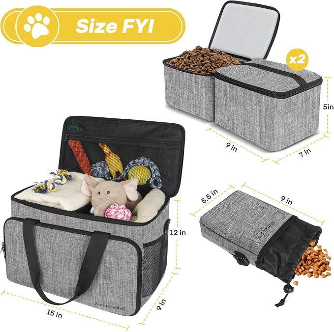 6 Set Dog Travel Bag, Large Pet Travel Kit for Supplies, Grey | Includes 2 Food Containers, 1 Pet Organizer for Dogs, 2 Collapsible Bowls, 1 Treat Pouch, Dog Weekend Overnight Bag Luggage - Image 3