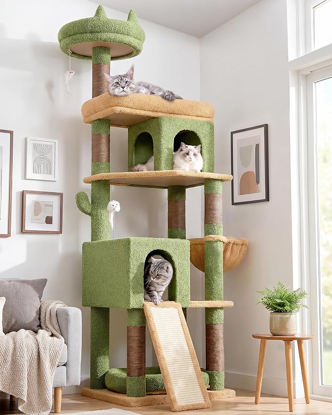 Globlazer Heavy Duty Cactus Cat Tree for Large Cats, Sturdy 72in Maine Coon Cat Tree for Large 20 lbs+ Cactus Cat Tower for Adult Biggest Cats with 6 Scratching Posts, Hammock, S72, Green by Globlazer