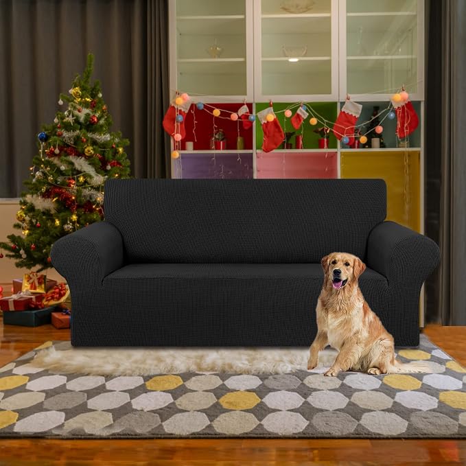 KEKUOU Stretch Loveseat Couch Cover, 2 Cushion Couch Slipcover,Black | 1-Piece Washable Sofa Cover Pet Friendly (55"-78") Furniture Protector Soft Jacquard, Elastic Bottom for Dogs & Kids - Image 2