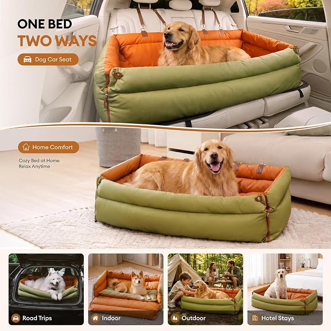 FUNNY FUZZY Leather Dog Car Seat for Large Size Dogs, Pet Booster Car Seats | Waterproof Car Seat with Safety Clip-On Leash, Soft Fabric Car Dog Bed Filling Memory Cotton, Washable Travel Pet Bed(Green) - Image 7