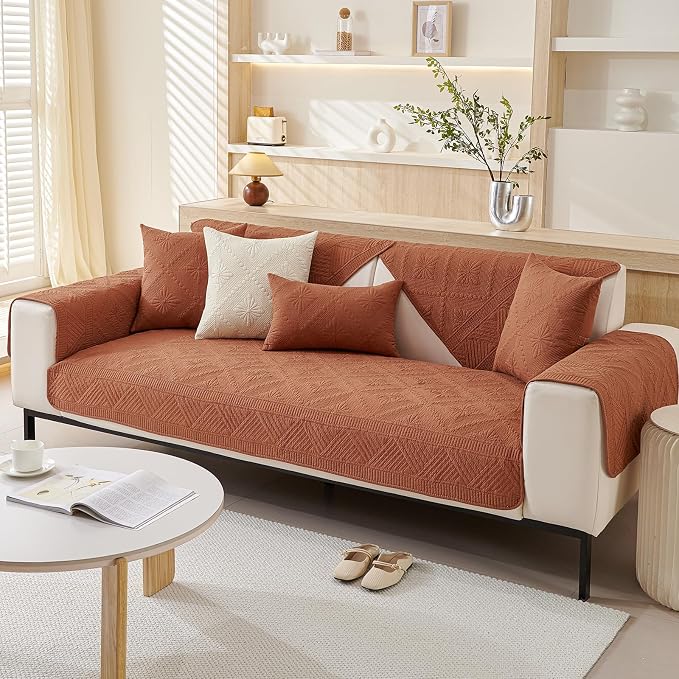 vctops Boho Cotton Quilted Sofa Couch Cover Washable Soft Non Slip Sectional Couch Covers Floral Embroidery Sofa Slipcover for Dogs, Children, Pets Furniture Protector (Orange,28"x70") - Image 6