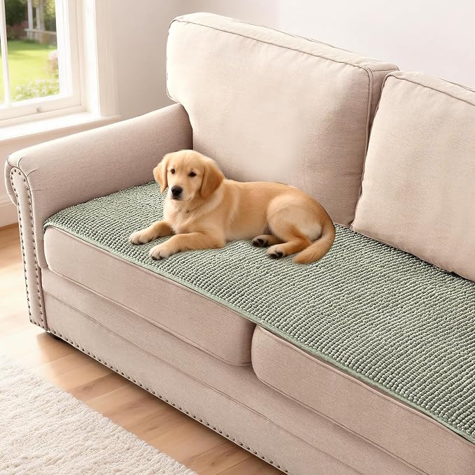 H.VERSAILTEX Plush Chenille Couch Cover for 3 Cushion Couch Anti Slip Washable Sofa Slipcovers Soft and Durable Furniture Protector for Dogs Cats Kids (27.5" x 59", Sea Foam) by HVERSAILTEX