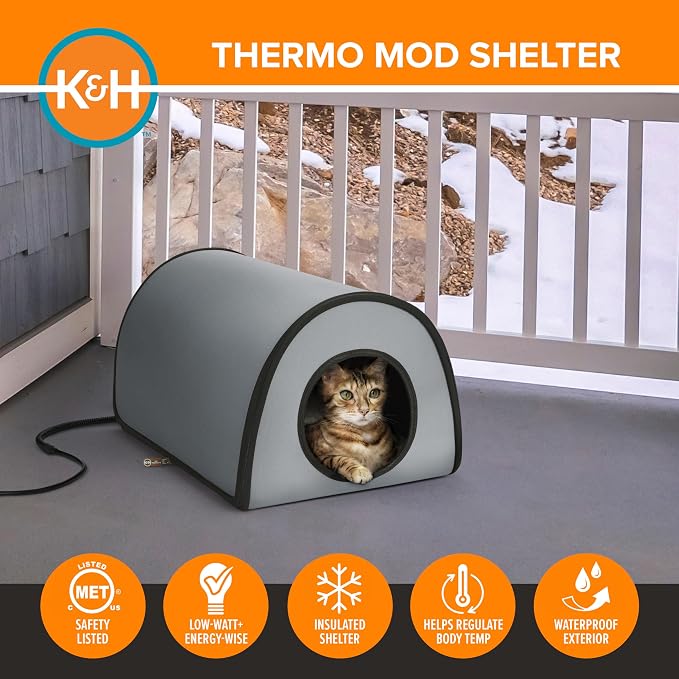 K&H Heated Cat House, Thermo Mod Kitty Shelter Outdoor, Safety Listed, 25W | Heated Cat House for Outside, Weatherproof Shelter for Ferals, Insulated with Smart Thermostat, Washable Cover, Gray - Image 4