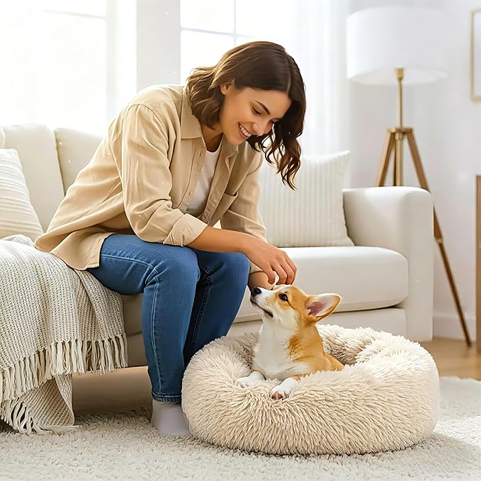 Calming Donut Dog and Cat Bed for Indoor Cats, Anti-Anxiety Round Fluffy Soft Washable Small Pet Bed for Puppy and Kitten, Warming Comfortable Luxury Anti-Slip Waterproof Mute Base 20in Light Brown - Image 6