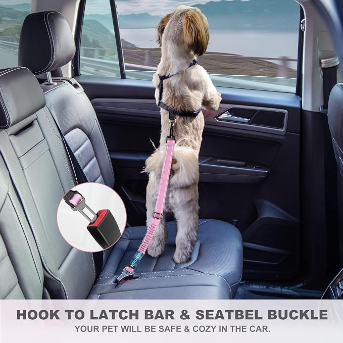 IOKHEIRA Dog Seat Belt 3-in-1 Car Harness for Pets Adjustable Safety Seatbelt Nylon Reflective Bungee Fabric Dog Car Harness with Clip Hook Latch & Buckle, Swivel Zinc Alloy Carabiner (Pink) - Image 7