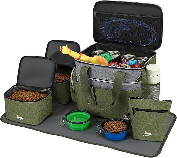 Dog Travel Bag for Pet Kit for Supplies with 2 Food Storage Containers 2 Collapsible Bowls 1 Feeding Mat 1 Dog Treat Pouch 7-Piece Set Perfect Road Trips Camping Weekend (Olive Green) by Unknown
