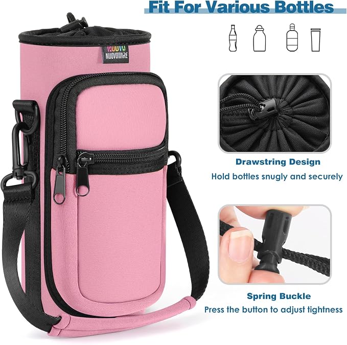 Nuovoware Water Bottle Carrier Bag, 25oz/32oz, Pink | Adjustable Shoulder Hand Strap, 2 Pocket, Neoprene Sleeve, For Hiking Travelling Camping - Image 5