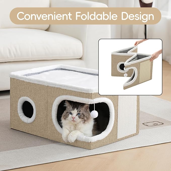 Extra Wide Cat Houses for Indoor Cats, Large Covered Cat Bed Cave | Foldable Kitten Bed House with Fluffy Ball and Scratch Pad, Large Cat Condo Tent for Multiple Pets, 23.6x16x13 inches, Khaki‌ - Image 6