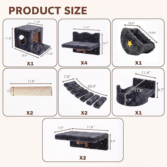 13-in-1 Cat Wall Shelves, Moon & Bridge Cat Wall Furniture, Grey | Wall Mounted Cats Shelf Set with Plush Fabric, Cat Climbing Systems for Adult Cats, Condo, Scratching Post, Space-Saving - Image 2