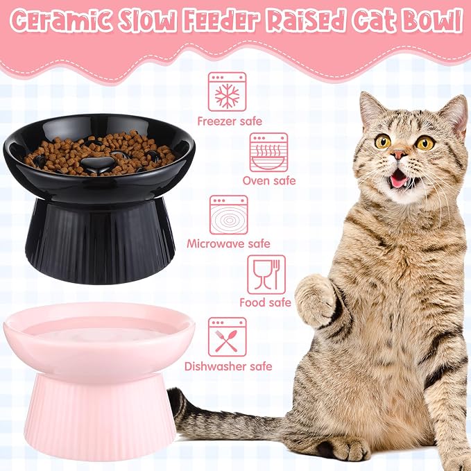 Tioncy 2 Pcs Ceramic Elevated Slow Feeder Cat Bowl, Raised Cat Slow Feeder Bowl, Anti Vomiting for Dry and Wet Food, No Spill High Edge Easy Clean Dishwasher Safe (Black,Pink) - Image 5
