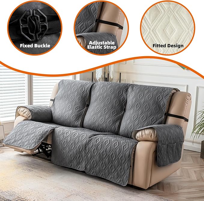 Genina Waterproof Couch Cover for Reclining Couch 3 Seat Recliner Sofa Covers, Non-Slip Recliner Couch Cover Furniture Protector with Elastic Straps for Pets, Dogs (Dark Gray, Recliner Sofa) - Image 7