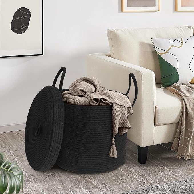 15" X 13" Large Black Basket with Lid, Cotton Rope Storage Basket for Blanket, Toy, Pillow, Towel, Laundry, Wicker Living Room Bedroom Storage Bin, Black Woven Organizing Basket with Cover - Image 4