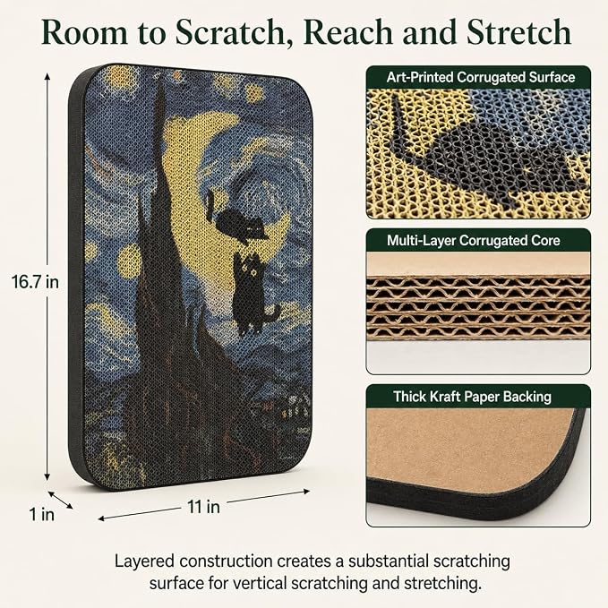 Cat Wall Scratcher, Art Cat Scratching Board for Indoor Cats | Wall Mounted Cat Scratch Pad, Water-Based Ink, Hook&Loop Strips, Floor or Wall Use, 16.7x11x1 Inch, Starry Night - Image 2