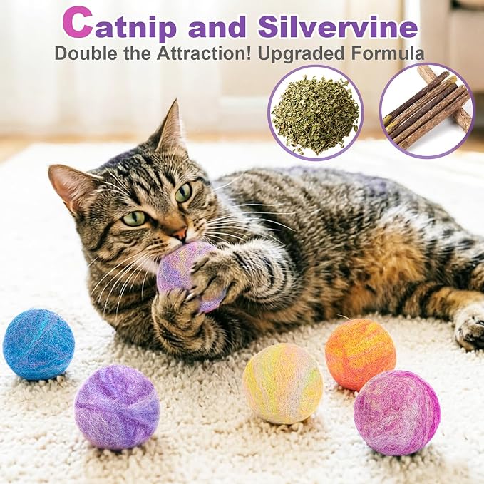 Retro Shaw Catnip Toys Balls with Bell Inside, Wool Yarn Cat Balls, 6 Pack | Interactive Durable Kitten Balls, For Indoor Cats, Kitten Teething Toys, Natural Catnip Toys for Bored Cats - Image 2