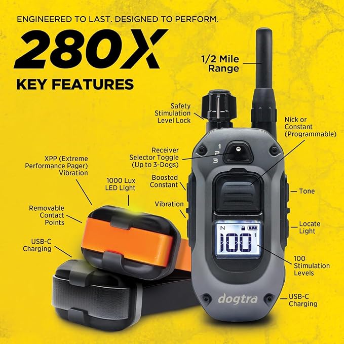 Dogtra 280X 2-Dogs E-Collar with Remote [New Edition] 10 lbs+, 1/2 Mile Range, LED Light, 100 Levels of Control for Stubborn Dogs, Waterproof, Boost for Quick Recall, Vibration, Safety Lock & Tone - Image 9