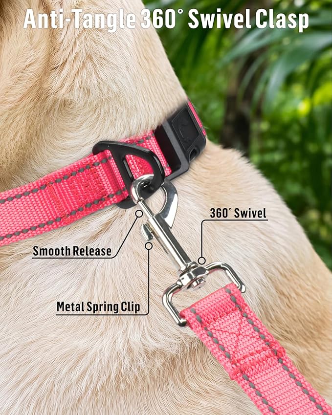 FunTags Reflective Nylon Dog Leash for Medium & Large Dogs, 6FT for Walks | Comfortable Padded Grip, Stay Safe at Night, 360° Anti-Tangle Swivel, for Dog Parks & Trails, Neon Pink - Image 4