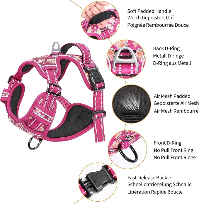 HEELE No Pull Large Dog Harness, Soft Breathable Padded Vest, Flower Rose L | Reflective Front Clip Vest with Control Handle, No Choke, Adjustable 2 Metal Rings for Outdoor Walking Training - Image 2