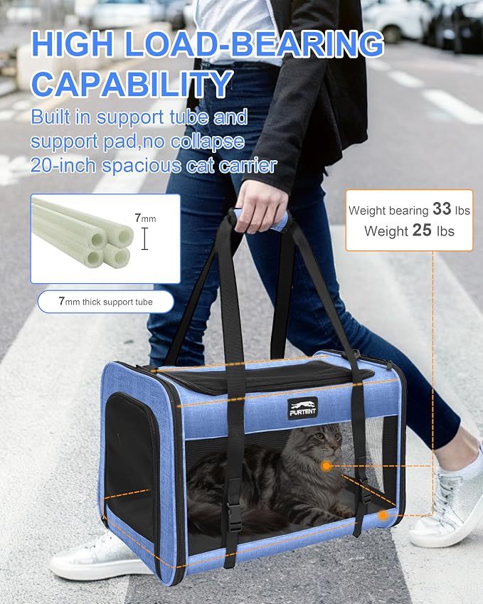 Soft-Sided Large Cat Carrier for 2 Cats, Spacious Foldable Pet Travel Carrier for Large Cats up to 25 Lbs, Double Cat Bag with Shoulder Strap, 20x13x13 Inch, Fits Maine Coon and Small Dogs, Blue | Spacious 20×13×13 in design with reinforced frame for o... - Image 2