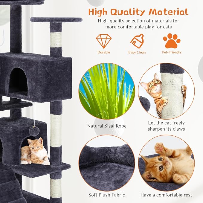 Sweetcrispy 54 Inch Cat Tree Tower with Scratching Post, Indoor Use | Multi-Level Cat Tower with Condo with Climbing Ladder, Plush Toy, Play House for Kittens, Dark Grey - Image 5