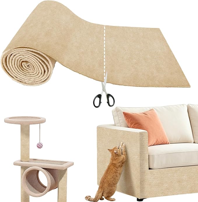 Heavy Duty Cat Scratch Mat for Couch (Khaki, 78.7" x 15.8") | Self-Adhesive Trimmable Cat Scratcher Carpet, Furniture Protector & Climbing Pad for Cats, Sofa, Door & Cat Tree by CLFORLORGN