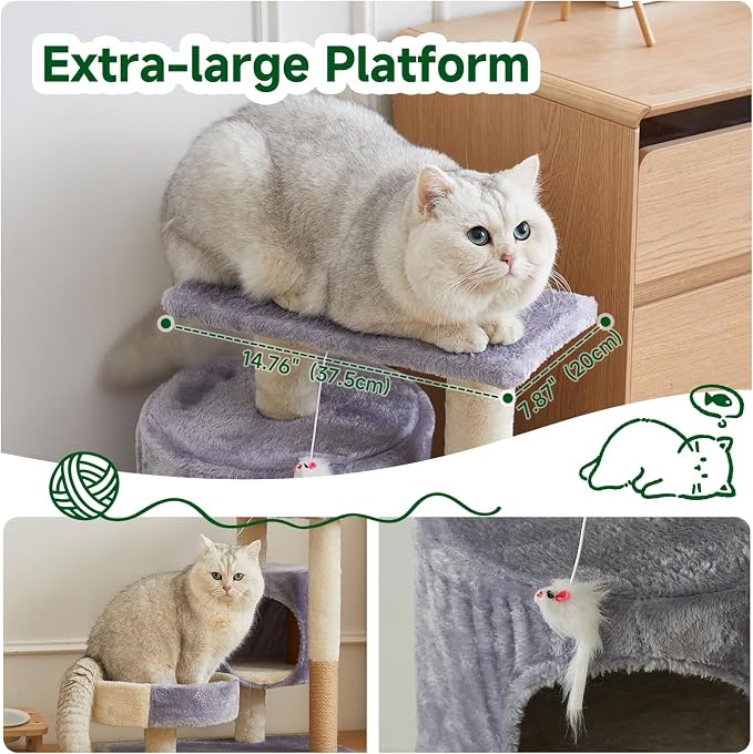 Cat Tree with Condo, Perch, and Scratching Posts, Gray and Beige, Multi-Level Tower with Hanging Toy - Image 3