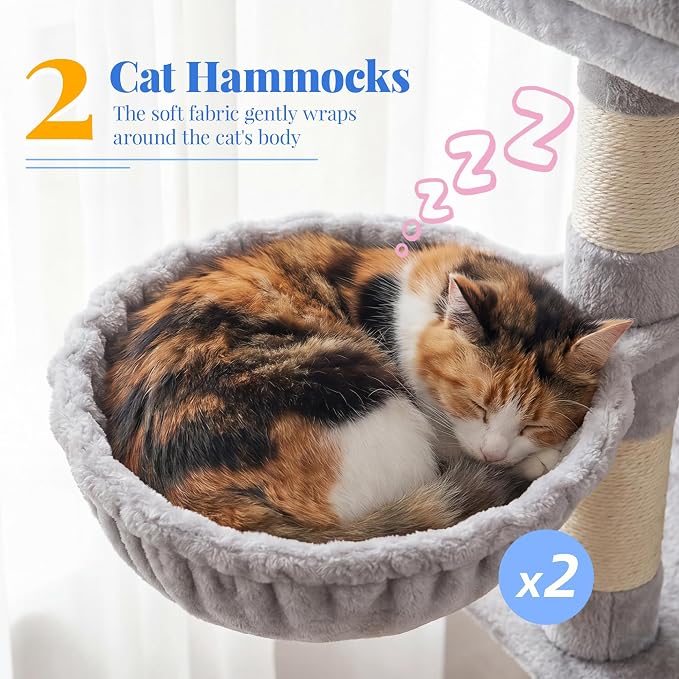 Hey-brother Cat Tree, Multi-Level Tower with 3 Condos, Hairbrush, MPJ035-MW | 74 Inches XL Large Scratching Posts for Indoor Cats and Kittens, 2 Wide Platforms, 2 Plush Baskets, Toy Balls, Light Gray - Image 5