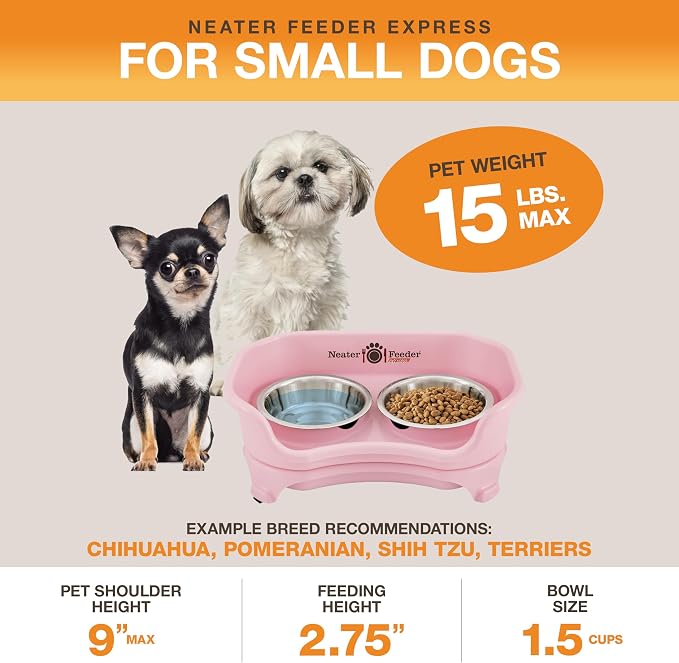 Neater Feeder Express Mess Proof Dog Bowls Elevated for Small Breeds Under 15 Lb, Made in USA, No Spill Raised Dog Food Bowl Stand, Stainless Steel Food and Water Bowl Set, Feeding Station, Pink - Image 2