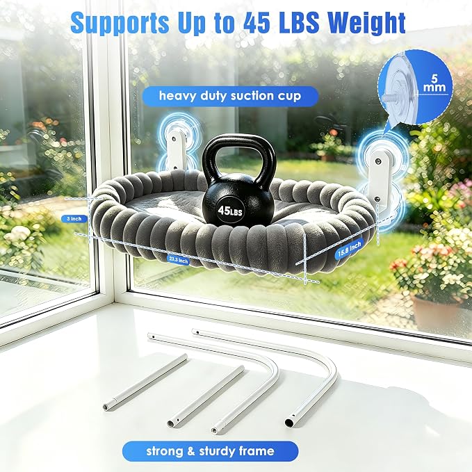 Cat Window Perch - Cordless Cat Window Hammock with 4 Strong Suction Cups, Ultra Soft Window Perch for Cats Inside - 2 in 1 Cats Window Bed Detchable & Washable Cushion 23.3 * 15.8in(Grey) - Image 3