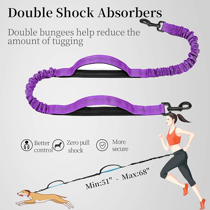 Hands Free Dog Leash with Zipper Pouch, Large, 25-120 lbs, Purple | Waist Leash, Dual Padded Handles, Shock-Absorbing Bungee, Adjustable Waist Belt, Walking and Running - Image 5