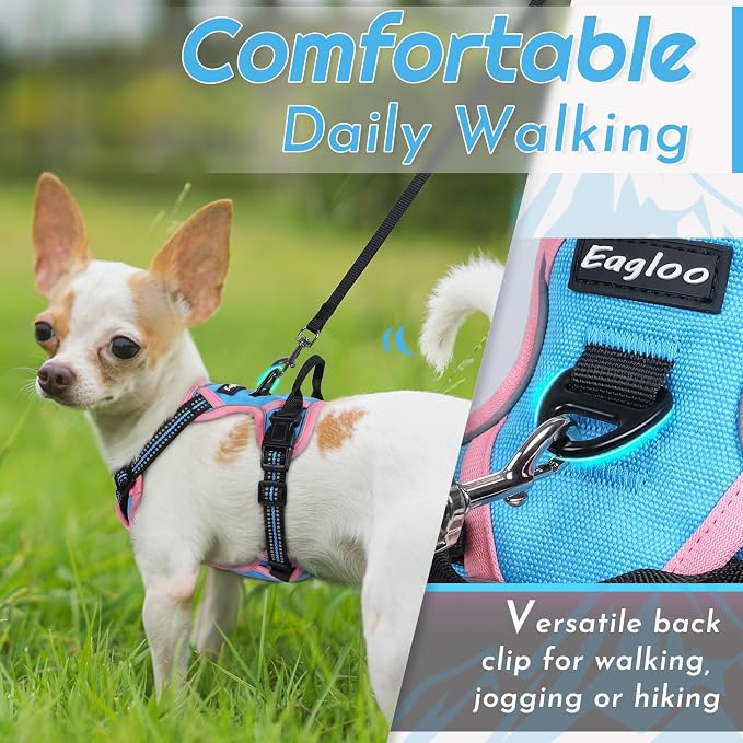 Eagloo Dog Harness for Small Dogs, No Pull Pet Vest with 2 Leash Clips | No Choke with Handle, Adjustable Comfort Fit, Reflective Strips, Easy Walking Control, Pink & Sky Blue, X-Small - Image 4