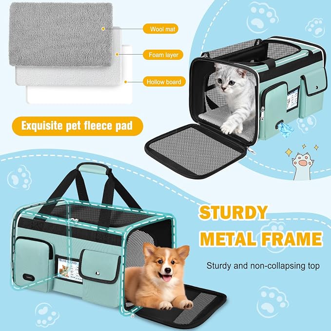 HUANLANG Large Cat Carrier Travel Soft Sided Pet Carrier Airline Approved | Dog Carriers for Small Dogs Medium Cats,Collapsible,3 Storage,zipper lock,Reflective strips,Luggage Strap, Up to 15 Lbs - Image 6