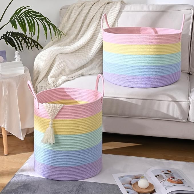 67L Large Rainbow Blanket Basket, Cotton Rope Baby Laundry Hamper with Handles, Kids Toy Basket for Classroom & Nursery, Soft Round Stuffed Animal Storage, Dog Toy Bin - 20"x13", Light Rainbow - Image 6