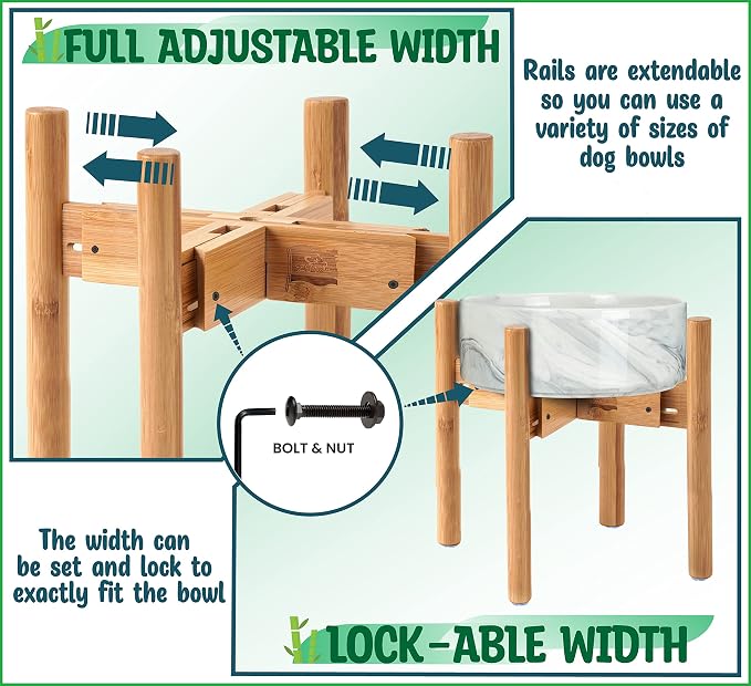 Dog Bowl Stand for Large Dogs - Adjustable, Easy Fold-Down | Use to Elevate Raise Dog Food, Water and Slow Feeder Bowls, Lock-Bolts and Tool Added, Foot-Padded, Bamboo Stand Only - Image 6