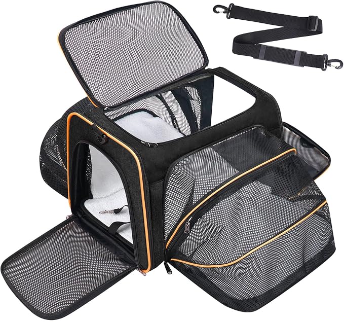 Pet Carrier, Large Soft Sided Expandable Travel Carrier with Steel Frame, Anti-Scratch Mesh, Removable Fleece Pad and Pockets for Cats, Dogs and Small Animals up to 15 lbs (Black, 5 Sides Expandable) by Handor