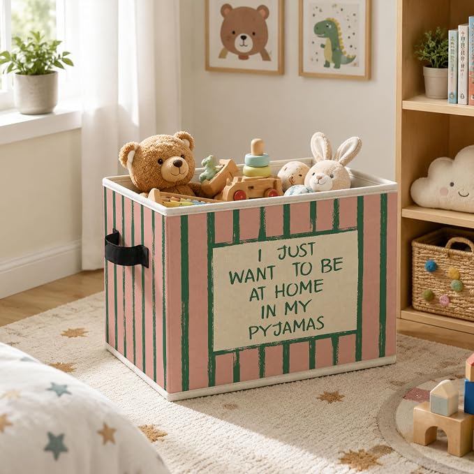 Cozy Home Quote Storage Bins Box with Handles, Lazy Day Collapsible Storage Basket, Retro Striped Foldable Basket for Organizing Playroom Nursery Bedroom Toys Books Clothes - Image 2