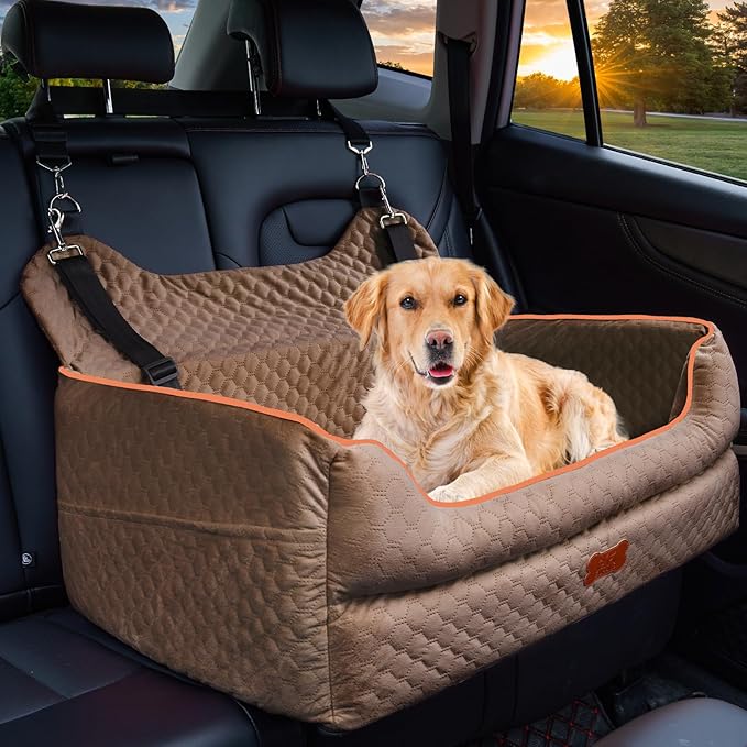 Dog Car Seat for Medium & Large Dogs Up to 55 lbs or 2 Small Dogs, Brown | Memory Foam Elevated Booster Seat with Safety Belts, 4-Inch Thick Cushion, Storage Pockets and Removable Washable Cover by EUHAMS