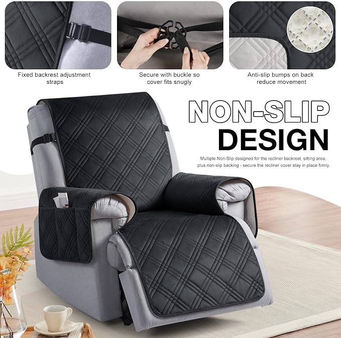 TAOCOCO 100% Waterproof Recliner Chair Cover, Recliner Covers for Recliner Chair with Pocket, Non Slip Reclining Chair Cover Furniture Protector for Kids, Pets(23.6'', Black-Velvet) - Image 6
