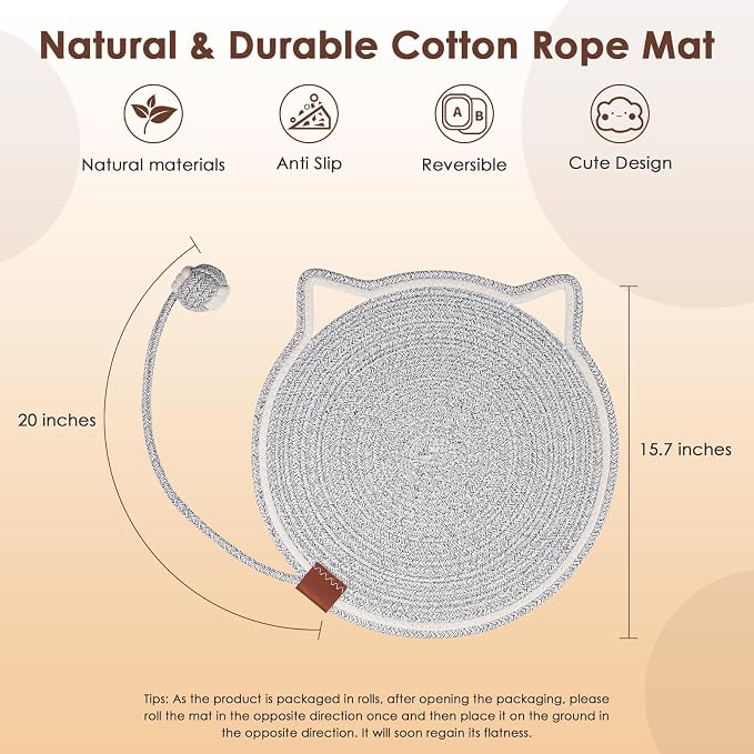 Cat Scratcher Mat, Natural Cotton Rope Cat Scratch Pad, 15.7'' Round Horizontal Floor Cat Scratching Pads for Indoor Cats, Cat Furniture Protector for Wall, Couch, Carpets, Sofas - Image 2