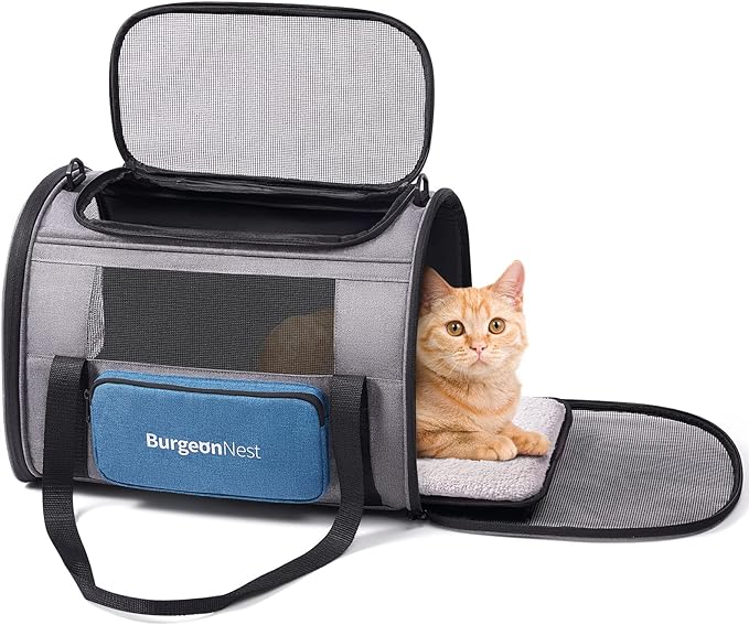 Cat Carrier for Cats up to 20 Lbs, Soft-Sided Escape Proof | Top Load Pet Crate for Medium to Big Kitten Small Puppy Transport with Unique Side Bag, Home Outdoor Car Travel, Medium Blue by Lifelongfriendsbelovedfamily