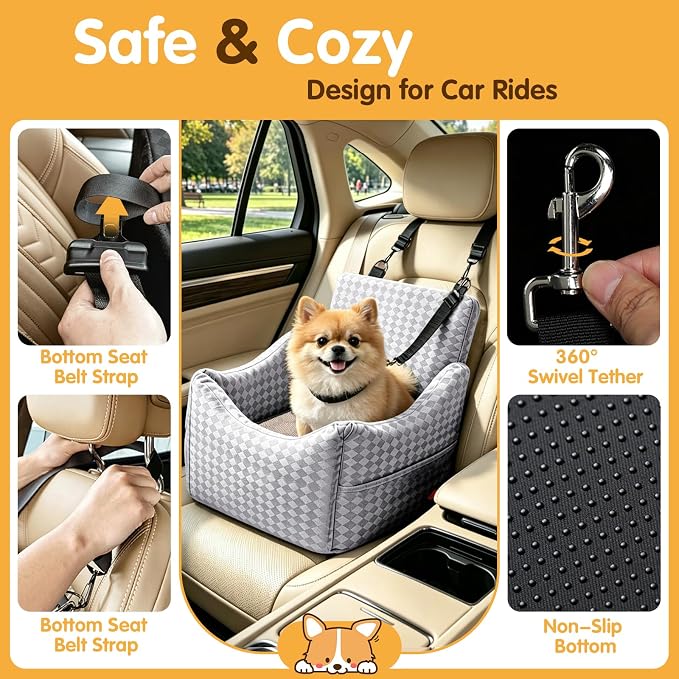Topmart Dog Car Seat for Small Medium Dogs Under 35lbs, Cozy Pet Seat | Foam Safety Dog Booster Seat for Back Seat, Pet Bed for Car with Safety Tether, Storage Pockets, Machine Washable Cover, Grey - Image 5