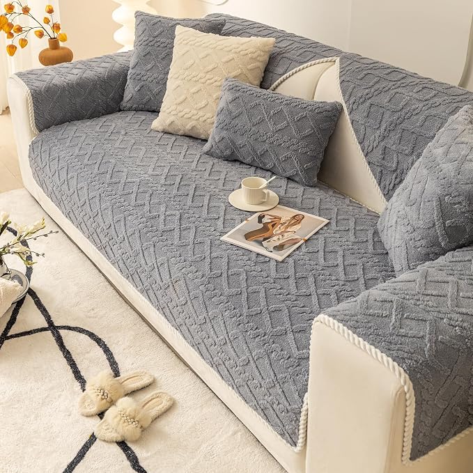 vctops Geometric Jacquard Plush Sofa Couch Covers Farmhouse Neutral Non Slip Sectional Couch Cover Soft Warm Sofa Slipcover for Dogs, Children, Pets Furniture Protector (Greyish Blue,28"x28") by vctops
