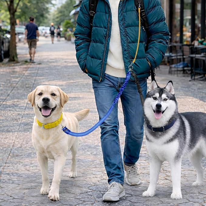 Double Dog Leash for Two Dogs, Professional No Tangle 360° Swivel Coupler with Shock Absorbing Bungee, Adjustable Length Dual-Sided Reflective Two Dogs Lead Splitter for Small Medium Large Dog - Image 6
