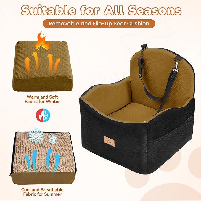 Dog Car Seat for Medium/Small Dogs, Dog Booster Car Seat, Pet Booster Seats Up to 40lbs with Waterproof Layer, 3 Storage Pockets and Safety Belt (Black/Brown) - Image 6