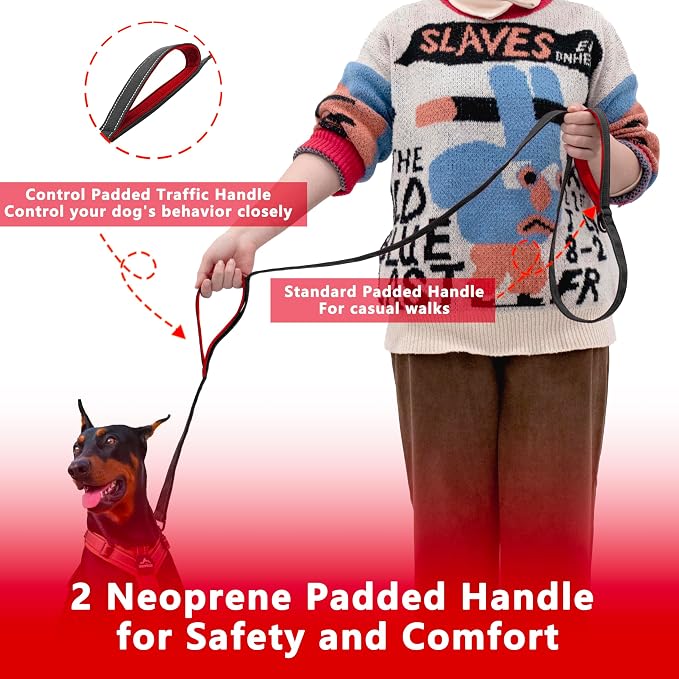 Dog Leash 6.5ft Long,Double Handle Dog Leash for Control Training | Heavy Duty Dog Leads with Traffic Padded Handles, Reflective Leashes for Small Medium Large Dogs(6.5ft, Black Red) - Image 2