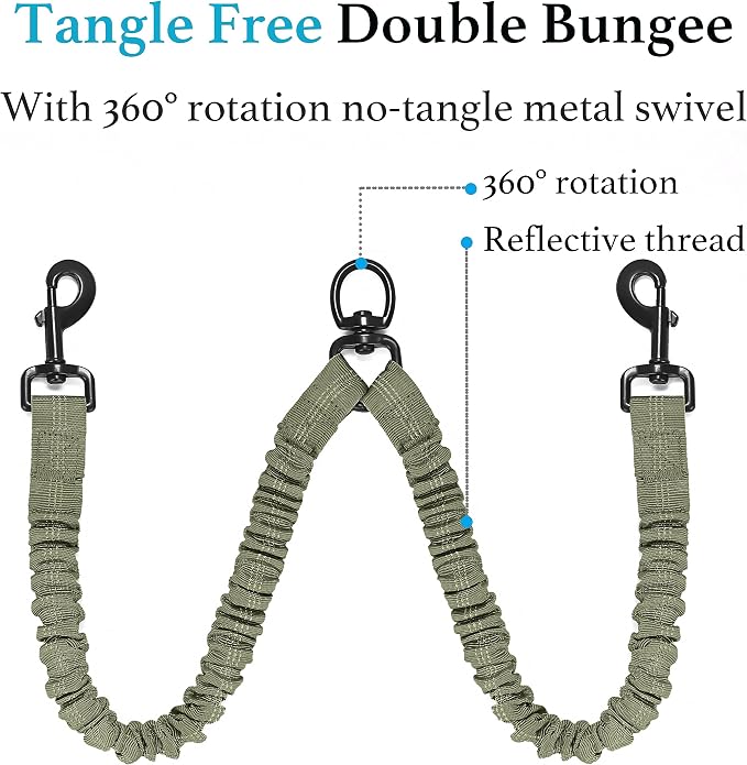 Double Dog Leash, 360° Swivel, No Tangle, Medium, Military Green | Dual Leash for Two Dogs, Split Leash, Shock-Absorbing Bungee, Padded Handle, Heavy-Duty Rope - Image 5
