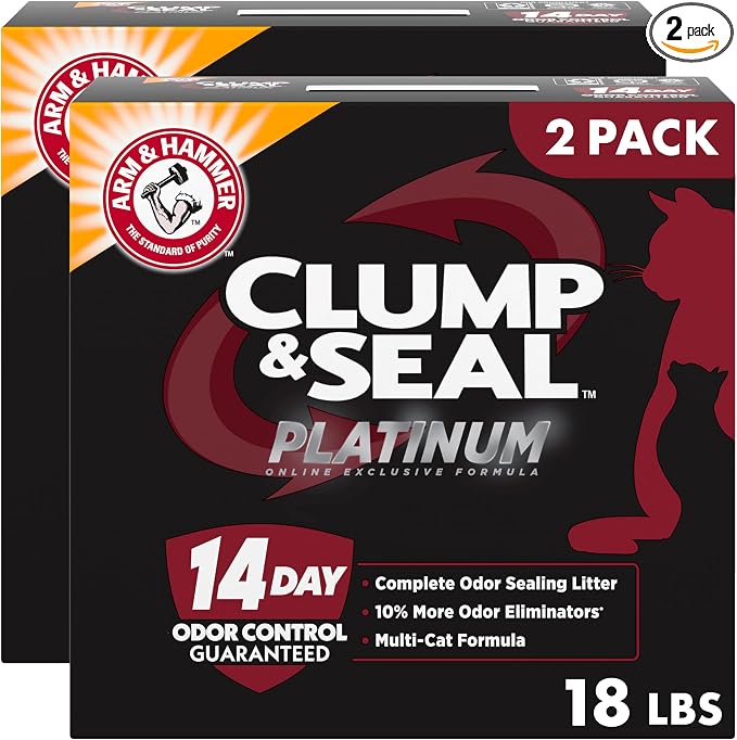 ARM & Hammer Clump & Seal Platinum Cat Litter, Multi-Cat Clumping Litter Forms Rock-Hard Clumps, Powerful Odor Eliminators with Baking Soda, 14-Day Odor Control, 18 lbs (Pack of 2) by ARMHAMMER