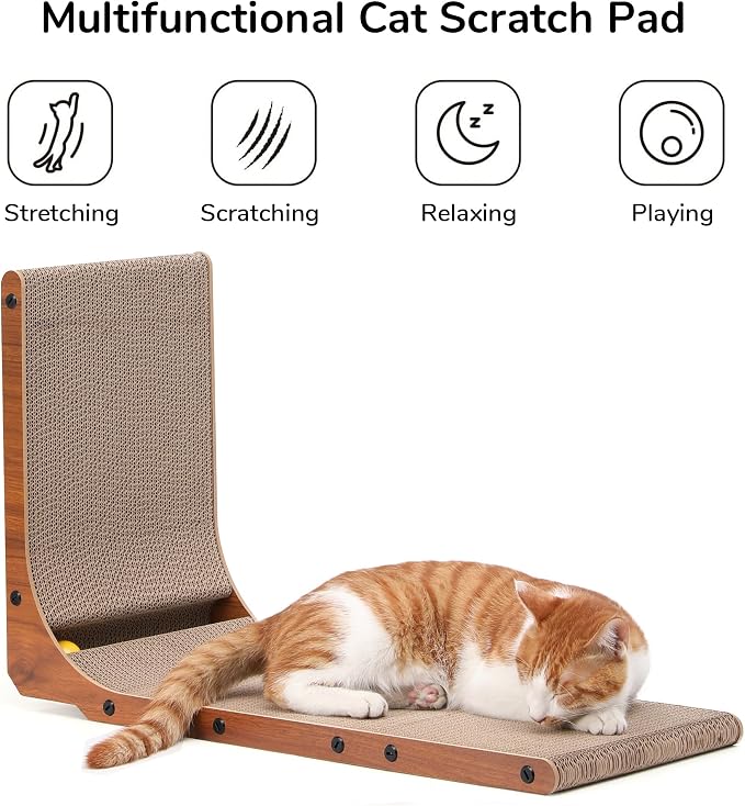 FUKUMARU Cat Scratcher for Indoor Cats, 26.8 Inch Cat Scratch Pad L Shaped | Cardboard Cat Scratcher, Vertical Cat Scratching Board with Ball Toy, Walnut Color, 1 Pack - Image 2