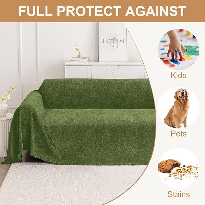 Smiry Couch Cover for Dogs, Chenille Sofa Covers for 3 Cushion Couch | Washable Soft Sofa Slipcover for Pets, Thick Sectional Furniture Protector with Tassels (Green, 88.5x134 Inch) - Image 3