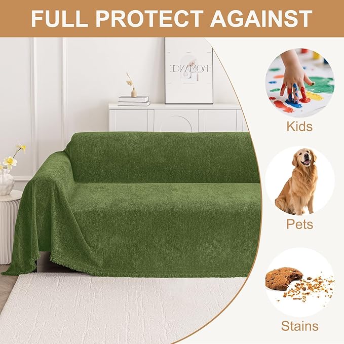 Smiry Couch Cover for Dogs, Chenille Sofa Covers for 3 Cushion Couch | Washable Soft Sofa Slipcover for Pets, Thick Sectional Furniture Protector with Tassels (Green, 71x150 Inch) - Image 3