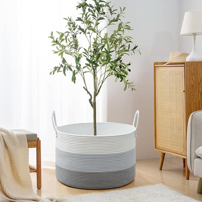 67L Large Woven Blanket Basket, Cotton Rope Baby Laundry Hamper with Handles, Kids Toy Basket for Classroom & Nursery, Soft Round Stuffed Animal Storage, Dog Toy Bin - 20"x13", Gray - Image 5